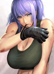 Rule 34 | 1girl, bare shoulders, blood, blue eyes, breasts, cleavage, gloves, huge breasts, kurohardt, large breasts, leona heidern, long hair, mouth hold, ponytail, purple hair, snk, solo, tank top, the king of fighters