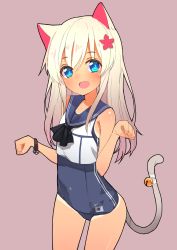 Rule 34 | 10s, 1girl, animal ears, blonde hair, blue eyes, cat ears, flower, hair flower, hair ornament, kantai collection, long hair, moriki, one-piece swimsuit, paw pose, revision, ro-500 (kancolle), school swimsuit, smile, solo, swimsuit, swimsuit under clothes, tail, tan, wristband