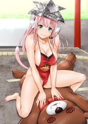 Rule 34 | 1girl, apron, barefoot, blush, bow, bowtie, breasts, cat tail, cleavage, dudou, ganari ryuu, green eyes, headset, helmet, highres, large breasts, long hair, looking at viewer, naked apron, origami, original, paper hat, paper kabuto, partially visible vulva, pink hair, smile, solo, straddling, stuffed animal, stuffed toy, sumo, super tama musume, tail, tamatoys, teddy bear