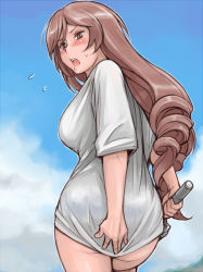 Rule 34 | 00s, 1girl, blush, bottomless, breasts, brown eyes, brown hair, fishing rod, from behind, large breasts, long hair, aged up, rozen maiden, solo, suiseiseki, tsuda nanafushi