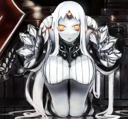 Rule 34 | 10s, 1girl, abyssal ship, bad id, bad pixiv id, bare shoulders, breasts, claws, covered erect nipples, detached sleeves, dress, glowing, hanging breasts, highres, horns, kantai collection, kneeling, large breasts, leaning, leaning forward, long hair, looking at viewer, open mouth, orange eyes, pale skin, purupuru, reaching, reaching towards viewer, ribbed dress, seaport princess, short dress, sideboob, single horn, solo, sweater, sweater dress, thighs, very long hair, white hair