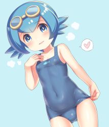 Rule 34 | 1girl, animal print, aqua background, bare arms, bare shoulders, blue eyes, blue hair, blue theme, blush, breasts, clothes pull, collarbone, cowboy shot, creatures (company), female focus, fish print, game freak, gluteal fold, goggles, heart, highres, lana (pokemon), looking at viewer, nintendo, one-piece swimsuit, one-piece swimsuit pull, parted lips, pokemon, pokemon (anime), pokemon sm (anime), porocha, school swimsuit, shiny clothes, simple background, small breasts, solo, spoken heart, swimsuit