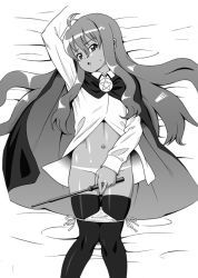 Rule 34 | 00s, 1girl, bed, bikini tan, blouse, brooch, cape, covering privates, covering crotch, drain, jewelry, long hair, looking at viewer, louise francoise le blanc de la valliere, lying, midriff, monochrome, navel, on back, open mouth, panties, panty pull, shirt, side-tie panties, solo, sweat, sweatdrop, tan, tanline, thighhighs, underwear, wand, zero no tsukaima