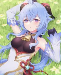 Rule 34 | 1girl, absurdres, armpits, bare shoulders, bell, black bodysuit, black gloves, blue hair, blue sleeves, blush, bodysuit, commentary, cowbell, daisy, detached sleeves, flower, flower knot, ganyu (genshin impact), genshin impact, gloves, goat horns, grass, hands up, highres, horns, long hair, looking at viewer, lying, on back, open mouth, outdoors, parted lips, purple eyes, shano hiyori, solo, upper body, vision (genshin impact), white flower