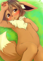 Rule 34 | 1girl, animal ears, bad id, bad nicoseiga id, blush, brown eyes, brown hair, claws, creatures (company), eevee, flat chest, furry, furry female, game freak, gen 1 pokemon, grass, kagerofu, looking at viewer, lying, navel, nintendo, nude, on back, open mouth, outdoors, pawpads, personification, pokemon, short hair, solo, tail