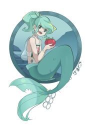 Rule 34 | 1girl, :d, aqua eyes, aqua hair, bare arms, bare shoulders, bite mark, chinese commentary, fishing hook, flat chest, food, fruit, gills, hands up, highres, holding, holding food, holding fruit, mermaid, monster girl, open mouth, ponytail, see-through, short hair, simple background, sitting, six-pack rings, smile, solo, tank top, teeth, the little trashmaid, tidy (the little trashmaid), tomato, upper teeth only, white background, youzaiyouzai112