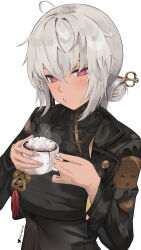 Rule 34 | 1girl, absurdres, ahoge, black dress, blowing, coffee, coffee cup, cup, disposable cup, dress, elvandec, goddess of victory: nikke, grey hair, hair ornament, hair stick, highres, holding, holding cup, long hair, long sleeves, official alternate costume, pink eyes, puckered lips, solo, sugar (nikke), sugar (wild backyard) (nikke), sugar cube, upper body
