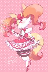 Rule 34 | 1girl, animal ears, artist request, bow, braixen, creatures (company), crown, dress, female focus, fire, fox, fox ears, fox tail, full body, furry, furry female, game freak, gen 6 pokemon, looking at viewer, magical girl, nintendo, no humans, pink background, pokemon, pokemon (creature), pokemon xy, red bow, red eyes, red footwear, shoes, simple background, smile, socks, solo, staff, tail, text focus, thighhighs, translation request, white socks, zettai ryouiki