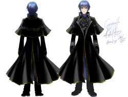 Rule 34 | 1boy, arms at sides, black coat, black footwear, black gloves, black pants, blue eyes, blue flower, blue hair, blue rose, cantarella (vocaloid), character name, closed mouth, coat, ascot, flower, frown, gloves, itto maru, kaito (vocaloid), long sleeves, looking at viewer, male focus, multiple views, pants, project diva (series), rosa blue (module), rose, shoes, simple background, standing, turnaround, vocaloid, white background