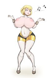 Rule 34 | 1girl, aegis (persona), atlus, bimbofication, blonde hair, blue eyes, bodysuit, bow, breasts, curvy, eyelashes, eyeshadow, female focus, gynoid, high heels, highres, huge breasts, large nipples, leotard, lips, lipstick, lisden, makeup, nipples, persona, persona 3, ribbon, robot, robot girl, short hair, solo, standing, thick thighs, thighhighs, thighs, transformation, video game, white leotard, white thighhighs, wide hips