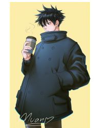 Rule 34 | 1boy, arphamuan, black hair, buttons, closed mouth, coat, coffee cup, cup, disposable cup, fushiguro megumi, green eyes, hair between eyes, hand in pocket, highres, jujutsu kaisen, long sleeves, male focus, pants, short hair, solo, spiked hair, steam, winter clothes, winter coat