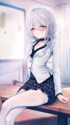 Rule 34 | 1girl, arms at sides, black choker, black necktie, black shirt, blurry, blush, choker, coat, crossed legs, depth of field, feet out of frame, flat chest, hair between eyes, half-closed eyes, highres, long hair, long sleeves, messy hair, necktie, on table, original, pantyhose, plaid, plaid skirt, pleated skirt, red eyes, shirt, sidelocks, sitting, sitting on table, skirt, solo, table, thighs, wakaba (945599620), white coat, white hair, white pantyhose
