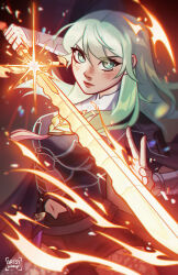 Rule 34 | 1girl, artist name, artsyvamp, black cape, breasts, byleth (female) (fire emblem), byleth (fire emblem), cape, clothing cutout, commentary, english commentary, enlightened byleth (female), fighting stance, fire, fire emblem, fire emblem: three houses, green eyes, grey hair, highres, holding, holding sword, holding weapon, lips, medium breasts, navel, navel cutout, nintendo, serious, signature, solo, sword, weapon