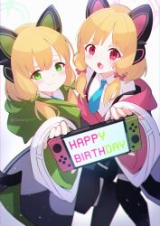 Rule 34 | 2girls, blonde hair, blue archive, cawang, closed mouth, green eyes, handheld game console, highres, holding, holding handheld game console, midori (blue archive), momoi (blue archive), multiple girls, nintendo switch, open mouth, red eyes, short hair, siblings, sisters, smile