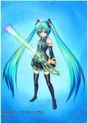 Rule 34 | 1girl, aqua eyes, aqua hair, beamed quavers, boots, character name, copyright name, detached sleeves, energy sword, hatsune miku, headphones, highres, long hair, maakun (makun dx), musical note, necktie, quaver, skirt, solo, staff (music), sword, thigh boots, thighhighs, twintails, vocaloid, weapon, zettai ryouiki