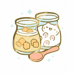 Rule 34 | animal ears, cat, cat ears, cat tail, closed eyes, food, grid background, highres, in container, in jar, jar, no humans, open mouth, original, pudding, spoon, stuck, tail, trxyland, watermark, whiskers, white cat