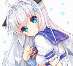 Rule 34 | 1girl, ahoge, animal ears, blue eyes, blush, braid, breasts, cat ears, claxton (warship girls r), closed mouth, fingernails, frilled sleeves, frills, from side, hair ornament, hand up, leaning forward, long hair, looking at viewer, looking to the side, medium breasts, multicolored ribbon, puffy short sleeves, puffy sleeves, ribbon, school uniform, serafuku, shirt, short sleeves, silver hair, simple background, smile, solo, striped ribbon, tengxiang lingnai, upper body, warship girls r, white background, white shirt, wrist cuffs, x hair ornament