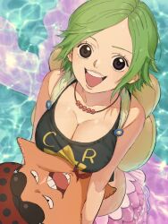 Rule 34 | 1girl, backpack, bag, bare shoulders, black tank top, breasts, camie (one piece), cleavage, collarbone, commentary, eyewear on head, from above, green hair, hat, highres, holding, jewelry, large breasts, looking at viewer, looking up, mermaid, monster girl, necklace, one piece, open mouth, pappug, scales, short hair, smile, starfish, sunglasses, tank top, urasanmyaku, water