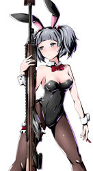 Rule 34 | 1girl, alternate costume, animal ears, black leotard, black pantyhose, blue sky, bow, bowtie, breasts, cleavage, cloud, detached collar, fake animal ears, feet out of frame, firearm request, green eyes, grey hair, gudon (iukhzl), gun, leotard, lipstick, looking to the side, makeup, medium breasts, metal slug, pantyhose, playboy bunny, rabbit ears, rabbit tail, red bow, red bowtie, rifle, simon (metal slug), simple background, sky, solo, standing, strapless, strapless leotard, tail, weapon, white background, wrist cuffs