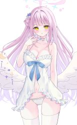 Rule 34 | 1girl, absurdres, angel wings, blue archive, blush, breasts, cleavage, collarbone, cowboy shot, feathered wings, flower, hair bun, hair flower, hair ornament, halo, highres, large breasts, lingerie, long hair, looking at viewer, mika (blue archive), panties, parted lips, pink hair, pink halo, purple flower, simple background, single side bun, solo, suineco, thighhighs, underwear, white background, white panties, white thighhighs, white wings, wings, yellow eyes
