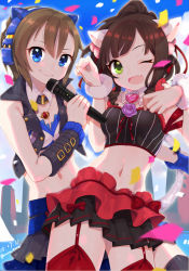 Rule 34 | 10s, 2girls, ;d, animal ear headphones, animal ears, blue eyes, blush, breasts, brown hair, cat ear headphones, cat ears, cat tail, detached collar, etsuo, fake animal ears, fang, frilled skirt, frills, garter straps, gradient background, green eyes, hair ornament, headphones, highres, idolmaster, idolmaster cinderella girls, jewelry, long hair, looking at viewer, maekawa miku, microphone, multiple girls, navel, necklace, one eye closed, open mouth, paw pose, ponytail, red legwear, short hair, skirt, small breasts, smile, strapless, tada riina, tail, thighhighs, tube top