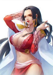 Rule 34 | 1girl, artist request, black hair, boa hancock, breasts, cape, cleavage, earrings, epaulettes, hand in own hair, jewelry, large breasts, lips, lipstick, long hair, makeup, midriff, navel, one piece, simple background, smile, solo, solo focus, white background