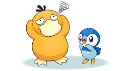 Rule 34 | animal focus, arms up, beak, black eyes, blue eyes, commentary request, confused, creature, creatures (company), game freak, gen 1 pokemon, gen 4 pokemon, nintendo, no humans, official art, open mouth, piplup, pokemon, pokemon (creature), project pochama, psyduck, squiggle, standing, sweatdrop, tongue, white background