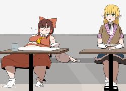Rule 34 | 2girls, :i, after meal, alternate eye color, arm warmers, bad id, bad twitter id, belly, black eyes, black footwear, black shirt, black skirt, blonde hair, blush, bow, breasts, brown hair, brown jacket, closed mouth, commentary request, cookie (touhou), detached sleeves, full body, green eyes, hair tubes, hakurei reimu, jacket, joker (cookie), large breasts, looking at another, mary janes, medium breasts, medium hair, mizuhashi parsee, multicolored clothes, multicolored jacket, multiple girls, necktie, ohasi, plump, pointy ears, red bow, red shirt, red skirt, reu (cookie), sash, scarf, shirt, shoes, short hair with long locks, short sleeves, sidelocks, sitting, skirt, sleeveless, sleeveless shirt, smile, socks, touhou, white sash, white scarf, white sleeves, white socks, yellow necktie