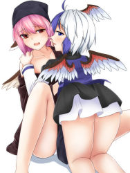 Rule 34 | 2girls, :o, absurdres, animal ears, antenna hair, ass, bad id, bad pixiv id, blue eyes, blue hair, blush, cheek poking, collarbone, commentary request, feathered wings, hand on another&#039;s shoulder, head scarf, head wings, highres, horns, kneeling, layered clothes, long sleeves, looking at another, looking at viewer, looking back, multicolored hair, multicolored wings, multiple girls, mystia lorelei, off shoulder, okamisty, panties, pantyshot, pink hair, poking, pokio, red eyes, red wings, simple background, single head wing, single wing, sitting, skirt, tokiko (touhou), touhou, two-tone hair, underwear, white background, white hair, white panties, wings, yuri