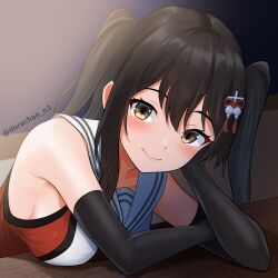 Rule 34 | 1girl, black gloves, brown eyes, brown hair, commentary request, dorachan r, elbow gloves, elbow rest, elbows on table, eyelashes, gloves, hair between eyes, hair ornament, hairpin, head rest, highres, indoors, kantai collection, leaning forward, looking at viewer, medium hair, one-hour drawing challenge, orange shirt, sailor collar, school uniform, sendai (kancolle), serafuku, shirt, sitting, sleeveless, sleeveless shirt, smile, solo, twitter username, two side up, white sailor collar