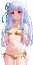 Rule 34 | 1girl, aho whale, bikini, blue hair, blue ribbon, blunt bangs, breasts, collarbone, cowboy shot, dot nose, embarrassed, flying sweatdrops, furrowed brow, gluteal fold, gold bikini, hair ribbon, highres, kotonoha aoi, legs together, long bangs, long hair, looking at viewer, navel, open mouth, red eyes, ribbon, side-tie bikini bottom, sidelocks, simple background, small breasts, solo, stomach, straight hair, swimsuit, thigh gap, voiceroid, wavy mouth, white background