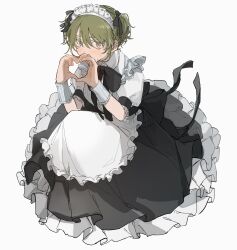 Rule 34 | 1girl, alternate costume, apron, black dress, blush, dress, enmaided, frilled apron, frills, green hair, heart, heart hands, highres, hnn oxo, idolmaster, idolmaster shiny colors, looking at viewer, maid, maid headdress, nanakusa nichika, puffy short sleeves, puffy sleeves, short sleeves, simple background, solo, two side up, white background, wrist cuffs