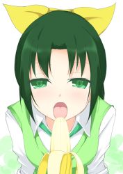 Rule 34 | 10s, 1girl, bad id, bad pixiv id, banana, blush, food, fruit, green eyes, green hair, green sweater vest, hair ribbon, kuro (be ok), matching hair/eyes, midorikawa nao, open mouth, precure, ribbon, school uniform, sexually suggestive, simple background, sleeves rolled up, smile precure!, solo, sweater vest, tongue, upper body