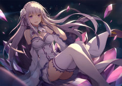Rule 34 | 10s, 1girl, arm support, bare shoulders, blunt bangs, blurry, braid, breasts, cleavage, crown braid, depth of field, emilia (re:zero), eyebrows, flower, frilled sleeves, frills, glint, hair flower, hair ornament, lens flare, medium breasts, ng (chaoschyan), open mouth, pleated skirt, pointy ears, re:zero kara hajimeru isekai seikatsu, sitting, skirt, sleeves past wrists, solo, thighhighs, white skirt, white thighhighs, wide sleeves