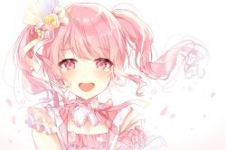 Rule 34 | 1girl, arm ribbon, bang dream!, blush, commentary request, detached collar, flower, hair flower, hair ornament, hair ribbon, happy tears, long hair, looking at viewer, maruyama aya, neck ribbon, open mouth, petals, pink hair, pink ribbon, ribbon, sidelocks, solo, striped ribbon, taya oco, tearing up, tears, teeth, twintails, upper body, upper teeth only, yellow ribbon