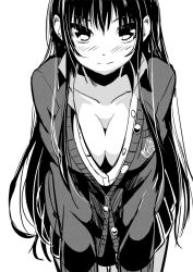 Rule 34 | 1girl, attsun (atsushi jb), black hair, blush, breasts, cardigan, cleavage, downblouse, greyscale, hanging breasts, large breasts, leaning forward, long hair, monochrome, simple background, solo