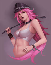 Rule 34 | 1girl, breasts, choker, cuffs, final fight, handcuffs, hat, long hair, peaked cap, phamoz, pink hair, poison (final fight), riding crop, solo, street fighter, tank top