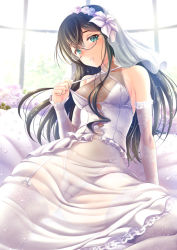 Rule 34 | 1girl, aqua eyes, areola slip, bare shoulders, bed sheet, black hair, breasts, bridal veil, bride, commentary request, criss-cross halter, dress, elbow gloves, floral print, gloves, hairband, halterneck, highleg, highleg panties, kantai collection, lips, long dress, long hair, looking at viewer, medium breasts, nipple slip, nipples, ooyodo (kancolle), panties, parted lips, ryu-akt, see-through, sitting, solo, strap pull, underwear, veil, wedding dress, white dress, white panties