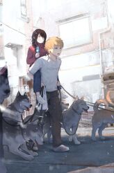 Rule 34 | 1boy, 1girl, :3, absurdres, bag, black hair, blonde hair, braid, braided ponytail, carrying, carrying person, chainsaw man, denji (chainsaw man), dog, food, highres, leash, mon (icebuko), multiple dogs, nayuta (chainsaw man), orange eyes, pet walking, piggyback, popsicle, road, shoes, shopping bag, side ponytail, smile, sneakers, street, too many, too many dogs, walking