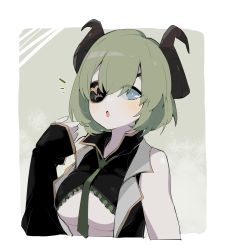Rule 34 | 1girl, nanashi inc., asymmetrical sleeves, black horns, black jacket, black shirt, black sleeves, blue eyes, blush, border, breasts, clothes lift, commentary request, eyepatch, eyes visible through hair, frilled shirt, frills, green hair, green necktie, grey background, hand up, high collar, highres, honey strap, horns, jacket, long sleeves, looking at viewer, medium breasts, necktie, one eye covered, open mouth, retri, sekishiro mico, shirt, shirt lift, short hair, sleeveless, sleeveless jacket, solo, underboob, uneven sleeves, upper body, virtual youtuber, white border