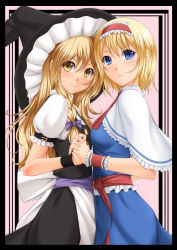 Rule 34 | 2girls, alice margatroid, apron, bad id, bad pixiv id, blonde hair, blue eyes, capelet, chiro, dress, female focus, hairband, holding hands, hat, interlocked fingers, jewelry, kirisame marisa, long hair, looking at viewer, multiple girls, parted lips, ring, sash, short hair, smile, touhou, waist apron, witch, witch hat, wrist cuffs, yellow eyes