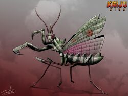 Rule 34 | animal focus, antennae, arms up, artist name, bug, commentary, full body, giant, giant monster, godzilla (series), gugenheim98, highres, insect wings, kaijuu, kamacuras, looking back, monster, multiple legs, no humans, pink eyes, praying mantis, simple background, solo, spikes, toho, wings