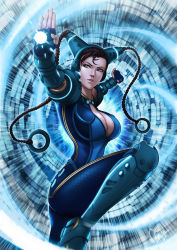 Rule 34 | 1girl, artist name, bodysuit, braid, breasts, capcom, chun-li, cleavage, fighting stance, hair ornament, highres, large breasts, leg up, lips, magion02, signature, solo, street fighter, twin braids