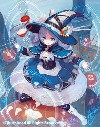 Rule 34 | 1girl, apple, blue eyes, blue hair, boots, breasts, capelet, cardfight!! vanguard, cleavage, company name, curly hair, food, fruit, hat, long hair, magic circle, official art, pantyhose, saitou takeo, sky, solo, witch hat, witch of fruit of knowledge rooibos