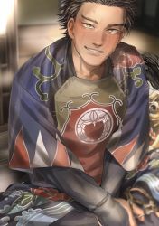 Rule 34 | 1boy, black hair, blurry, blurry background, brown eyes, crossed arms, floral print, golden kamuy, indoors, looking at viewer, male focus, scar, scar on face, scar on nose, sitting, smile, solo, sorewakaru0001, sugimoto saichi, sweat, yellow eyes