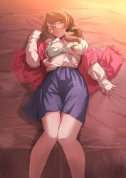 Rule 34 | 1girl, absurdres, bare legs, bed sheet, blue skirt, blush, bra, breasts, brown hair, charybdo, cleavage, commentary, commission, feet out of frame, glasses, grey bra, hair ornament, hair over shoulder, hair scrunchie, highres, idolmaster, idolmaster cinderella girls, imminent netorare, large breasts, looking at viewer, lying, medium breasts, mochida arisa, on back, open clothes, open shirt, pixiv commission, red shawl, round eyewear, scrunchie, shawl, sheet grab, shirt, skirt, solo, sweat, tomawarinosuizou, underwear, white shirt