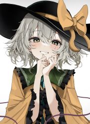 Rule 34 | 1girl, absurdres, black hat, blush, collared shirt, commentary, english commentary, frilled shirt collar, frilled sleeves, frills, green eyes, green hair, hair between eyes, hat, hat ribbon, highres, komeiji koishi, long sleeves, medium hair, open mouth, ougiikun, ribbon, shirt, simple background, smile, solo, touhou, upper body, white background, wide sleeves, yellow ribbon, yellow shirt