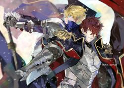 Rule 34 | 2boys, armor, arthur pendragon (fate), black cape, blonde hair, blue cape, blue eyes, cape, epaulettes, excalibur (fate/prototype), fate/prototype, fate/prototype: fragments of blue and silver, fate (series), gloves, holding, holding sword, holding weapon, latin commentary, looking at viewer, lucius tiberius (fate), male focus, messy hair, multiple boys, popped collar, profile, purple eyes, pvc parfait, red hair, smile, sword, twitter username, upper body, weapon