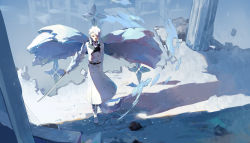Rule 34 | 1boy, absurdres, bankai, bleach, buttons, coat, daiguren hyourinmaru (bankai), double-breasted, green eyes, high collar, highres, hitsugaya toushirou, holding, holding sword, holding weapon, ice, ice wings, standing, sword, weapon, white coat, white footwear, white hair, wings, zzz zhi he