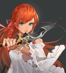 Rule 34 | 1girl, bare shoulders, blue eyes, breasts, crow0cc, dagger, final fantasy, final fantasy xiv, grey background, highres, holding, holding dagger, holding knife, holding weapon, knife, long hair, looking at viewer, medium breasts, orange hair, ryne waters, simple background, solo, upper body, weapon